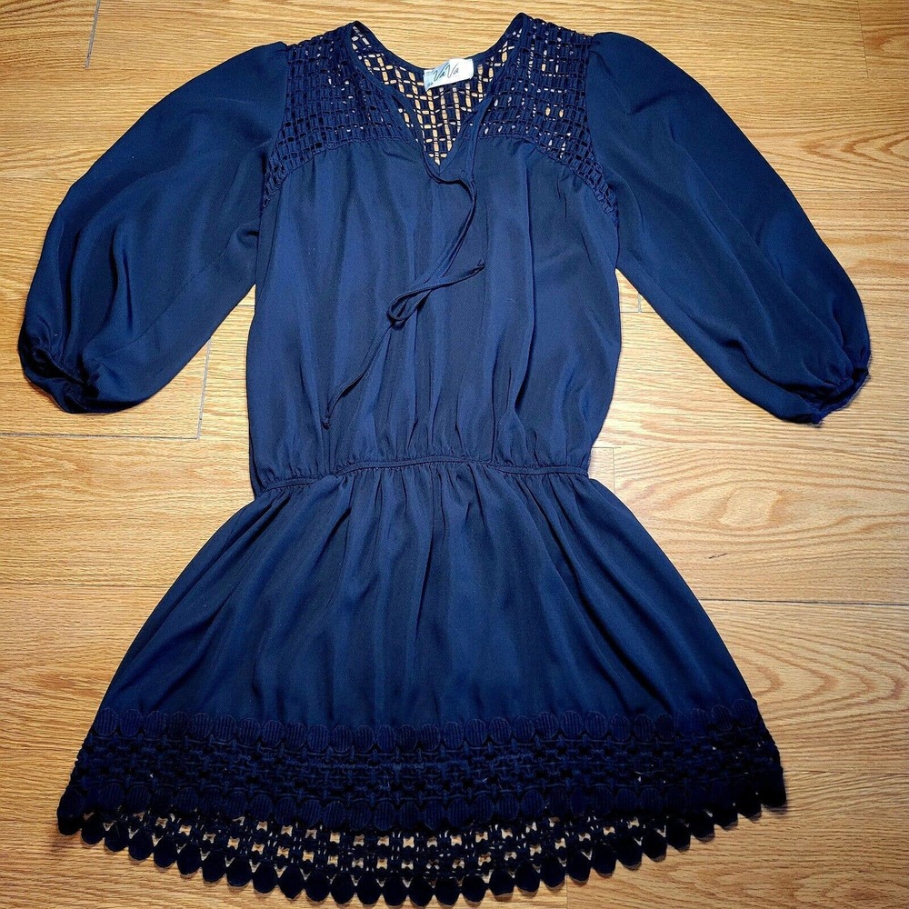 VA VA BY JOY HAN Women's Black Eyelet Crochet Dress Size Medium Boho Made In USA